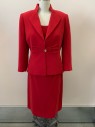 TAHARI, Red, Polyester, Solid, Band Collar, with Lapel, 1 Gold Bttn, 4 Pleats At Waist, Petite