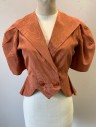 N/L, Rust Orange, Silk, Solid, Moire, Jacket, Faille, Puffy Gathered Short Sleeves, Double Breasted with Self Fabric Buttons, Triangular Lapel, Peplum Waist, Old Hollywood Glamour