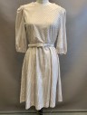 LADY CAROL PETITES, Lt Beige, White, Polyester, Stripes - Vertical , Paint Splatter, 3/4 Puffy Sleeves, Round Neck, Elastic Waist, 3 Buttons at Shoulder, Knee Length, Comes with Matching Belt (CF017324)