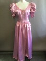 N/L, Mauve Pink, Polyester, Solid, Floral, Satin, Poofy Bubble Short Sleeves, Sweetheart Neckline, V Shape Waist with Full, Gathered Skirt, Mauve Lace Trim At Neckline, Waist and Hem, Pink Pearl Detail At Bust, Sleeves, Cream Pearls At Center Back with Large Self Fabric Bow, Hem Mid-calf,  Multiples