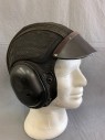 N/L, Faded Black, Patent Leather, Synthetic, Faux Helicopter or Fighter Jet Pilot Helmet, Ear Protection and Visor All Hard Plastic Based on Heavy Net. Right Ear Has Hole for Plugs, Inside Has Gaff Tape