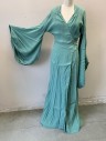 N/L MTO, Sea Foam Green, Silk, Swirl , Crepe, Long Kimono Style Sleeves with Cartridge Pleated Wrists, Wrapped V-neck with Self Button Closure at Side Waist, Self Belt Ties at Sides, Smocked Detail at Shoulders, Floor Length, Multiples, Made To Order