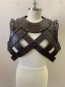 MTO, Dk Brown, Leather, Foam, Solid, *Aged/Distressed* X Pattern on Front and Back, Silver Flat Studs, Bronze Round Studs on Shoulders, Velcro on Back *Missing Laces on Both Sides*