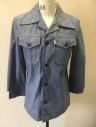 LEVI'S GENTLEMAN'S, Denim Blue, Dusty Blue, Poly/Cotton, Solid, Chambray, Long Sleeve Button Front, Collar Attached, Tan Top Stitching, 2 Patch Pockets with Batwing Flaps, 1 Button Closure,