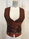 MTO, Brick Red, Brown, Maroon Red, Beige, Cotton, Leather, Floral, Multiple, Boho Hippy, Crochet with Suede Floral Inserts, Button Front, V-neck, More Aged Circle Scratched in Leather on Left Breast