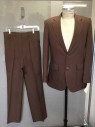 HAGGAR, Brown, Wool, Solid, Notched Lapel, Single Breasted, 2 Button Front, Long Sleeves, W/light Golden Brown Lining