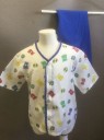 ANGELICA, White, Multi-color, Polyester, Novelty Pattern, White with Colorful Teddy Bears and Pin Wheels Pattern, Short Sleeves, V-neck, Snap Closures at Front, Royal Blue Trim