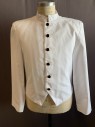 CINTAS, White, Poly/Cotton, Solid, Black/Gold Button Front, Mandarin Collar, Long Sleeves, Snap Center Back, Shoulder Pads