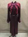 MTO, Plum Purple, Multi-color, Polyester, Beaded, Geometric, Crepe, Long Sleeves, Multicolor Beading, Jacket And Belt Are Attached To Dress (Appears To Be 3 Pieces But Is Only 1 Piece), Belt Is Self Fabric W/Gold Leaves Buckle, Made To Order Reproduction, Double, 1930s