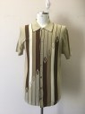 DA VINCI, Khaki Brown, Brown, Cream, Acrylic, Stripes, Geometric, Acrylic Knit. Vertical Stripe and Diamond Pattern Front, Solid Back, Button Front, Collar Attached, Short Sleeves, Multiples