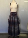 NORMA KAMALI, Navy Blue, Brown, Heather Gray, Synthetic, Plaid, Rounded High Waist, Gathered Skirt, 2 Side Droopy Pockets, Self Attached Suspenders, Zip Back, Ankle Length