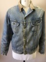 STORM RIDER LEE, Denim Blue, Lt Blue, Tan Brown, Cotton, Acrylic, Solid, Jean Jacket, Light Faded Denim, Tan Ribbed Texture Collar, Button Front, 2 Pockets, Acrylic Fuzzy Gray Lining, Very Aged/Holey Throughout, Multiples,