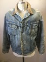 STORM RIDER LEE, Denim Blue, Lt Blue, Tan Brown, Cotton, Acrylic, Solid, Light Faded Denim, Tan Collar, Button Front, 2 Pockets, Acrylic Fuzzy Gray Lining, Very Aged/Holey Throughout, Mult