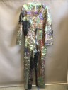 MTO, Purple, Pink, Green, Metallic, Synthetic, Collaged/Patchwork Many Different Fabrics To Make Jumpsuit, Diagonal Metal  Zipper, Long Sleeves, Gold Piping Trim, Attached Diagonal Sash in Front, Needs Some Love - Worn/Shredded in Spots