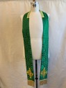 N/L, Kelly Green, Gold, Silk, Medallion Pattern, Christian, Priest, Orarion, Stole, Green Damask Medallions, Yellow Eyelet Lace at Neck, Gold Applique Tacked On, Gold Fringe