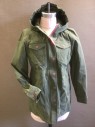 L L BEAN, Olive Green, Pink, Polyester, Solid, Parka, Zip and Snap Front Closure, Pink Snaps and Pink Detailing. Lightly Padded, Faux Fur Lined Hood