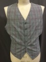 J.K., Gray, Cream, Cranberry Red, Wool, Cotton, Plaid, 6 Buttons, V-neck, 4 Pockets, Lining Back with Adjustable Waist Belt, 34 Waist Tailored for a Body Builder,