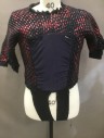 N/L, Black, Metallic, Red, Cotton, Elastane, Mottled, Bulky Cotton Rib Knit with Metallic Red Paint, Round Neck with Frayed Edge, Short Sleeves, Spandex Insert Front and Back with Holes for Harness or Suspenders, Attached Crotch Strap Shirt Stays, Slits Cut in Both Sleeves, Small Nautilus Patch Left Back Armpit, Multiple