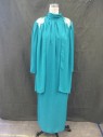 MISTER JAY, Teal Green, Polyester, Solid, Chiffon Jacket, Open Front, Gathered at Shoulder Panels Front and Back, Long Sleeves, White Floral Beaded and Sequinned Appliqué on Shoulders, Snaps on Shoulder Attach to Dress
