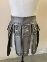 N/L MTO, Silver, Leather, Metallic/Metal, Solid, Swirl , Roman Warrior Skirt, 2.5" Wide Waistband, Hanging Tabs with Intricate Cording/Passementarie Etc, Velcro Closure, Metal Studs, Made To Order